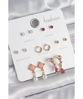 Pirinç Gold Renk Zirkon Taşlı Sallantı İnci Detay 7 Çift Kadın Küpe