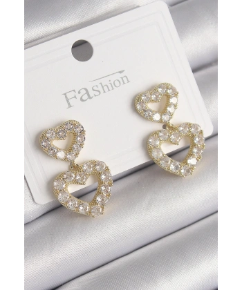 Pirinç Gold Renk Zirkon Taşlı Sallantı Kalp Model Kadın Küpe