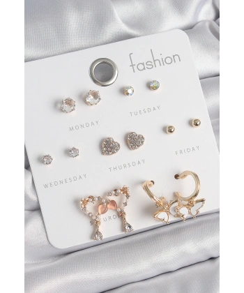 Pirinç Gold Renk Zirkon Taşlı Sallantılı Kalp Figür Kelebek Detay 7 Çift Kadın Küpe Seti