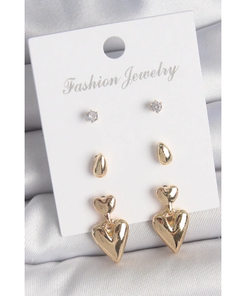 Pirinç Gold Renk Zirkon Taşlı Sallantılı Kalp Model 3 Çift Kadın Küpe Seti