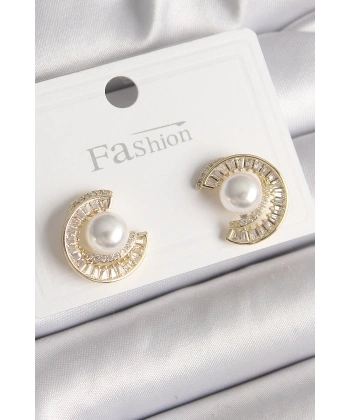 Pirinç Gold Renk Zirkon Taşlı Salyangoz Model İnci Detay Kadın Küpe