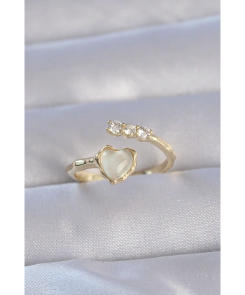 Pirinç Gold Renk Zirkon Taşlı Sedefli Kalp Model Ayarlanabilir Yüzük