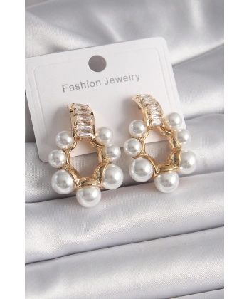 Pirinç Gold Renk Zirkon Taşlı Su Yolu İncili Halka Model Kadın Küpe