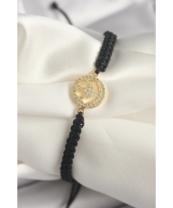 Pirinç Gold Renk Zirkon Taşlı Taç Figür Asansörlü Makrome Model Kadın Bileklik