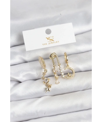 Pirinç Gold Renk Zirkon Taşlı Uzay Model YSX Trio Küpe Seti