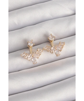 Pirinç Gold Renk Zirkon Taşlı V Model Küpe