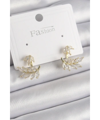 Pirinç Gold Renk Zirkon Taşlı Yaprak Model Kadın Küpe