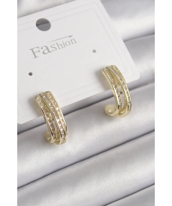 Pirinç Gold Renk Zirkon Taşlı Yarım Halka Model Kadın Küpe