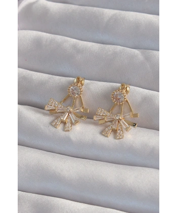 Pirinç Gold Renk Zirkon Taşlı Yassı Fiyonk Model Küpe