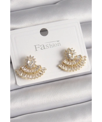 Pirinç Gold Renk Zirkon Taşlı Yelpaze Model Kadın Küpe
