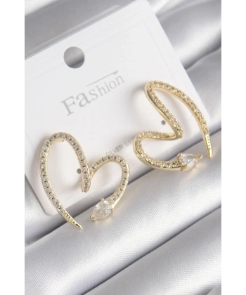 Pirinç Gold Renk Zirkon Taşlı Yılan Kalp Model Kadın Küpe