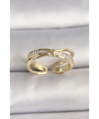 Pirinç Gold Renk Zirkon Taşlı Yıldız Detaylı Ayarlanabilir Kadın Yüzük