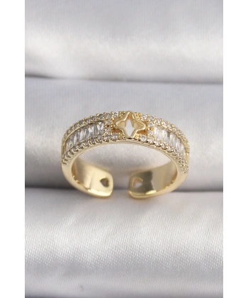 Pirinç Gold Renk Zirkon Taşlı Yıldız İşleme VIP Seri Kadın Yüzük