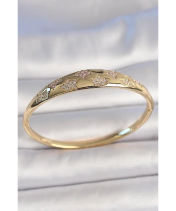Pirinç Gold Renk Zirkon Taşlı Yıldız İşlemeli Kadın Kelepçe