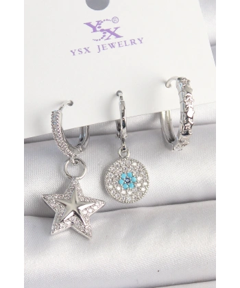 Pirinç Gold Renk Zirkon Taşlı Yıldız Model Nazar Boncuk Detay 3Lü Kadın Kombin Küpe