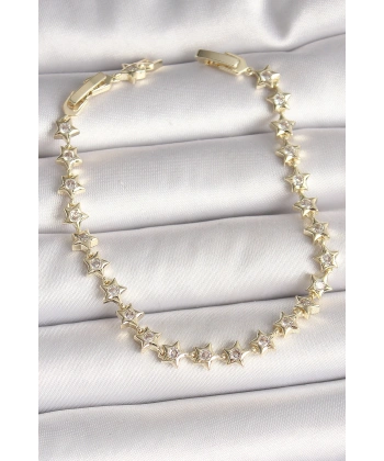 Pirinç Gold Renk Zirkon Taşlı Yıldız Model VIP Seri Kadın Bileklik