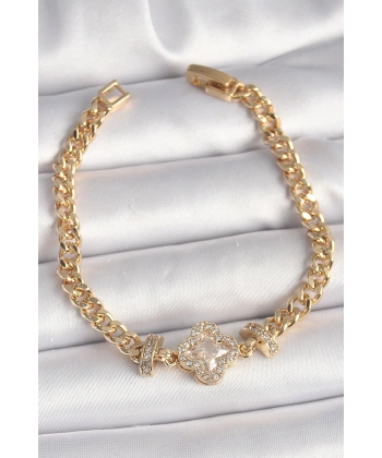 Pirinç Gold Renk Zirkon Taşlı Yonca Figür Zincir Model Kadın Bileklik