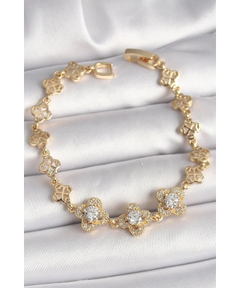 Pirinç Gold Renk Zirkon Taşlı Yonca Model Kadın Bileklik