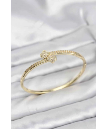 Pirinç Gold Renk Zirkon Taşlı Yonca Model Kadın Kelepçe Bileklik