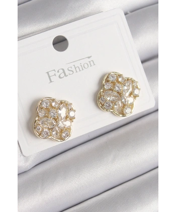 Pirinç Gold Renk Zirkon Taşlı Yonca Model Kadın Küpe