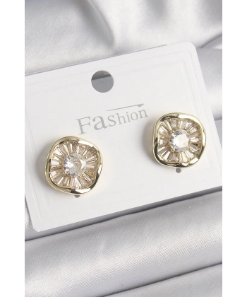 Pirinç Gold Renk Zirkon Taşlı Yonca Model Kadın Küpe