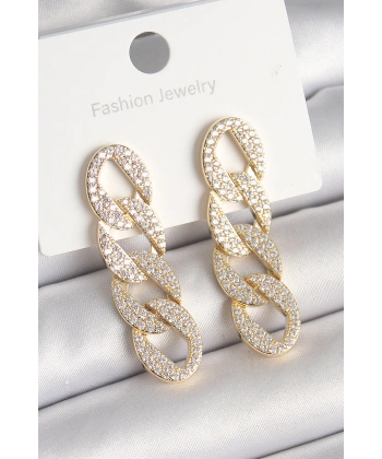 Pirinç Gold Renk Zirkon Taşlı Zincir Model Kadın Küpe