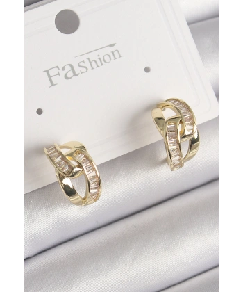 Pirinç Gold Renk Zirkon Taşlı Zincir Model Kadın Küpe