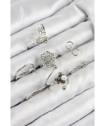 Pirinç Gül Kelebek Model Gümüş Renk Kadın Yüzük Kombin Set