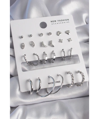 Pirinç Gümüş Renk 12 Çift Kadın Küpe Seti