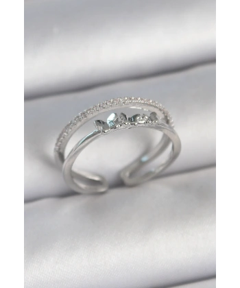 Pirinç Gümüş Renk 2Li Zirkon Taş Detaylı Kelebek Figür Ayarlanabilir Model Kadın Yüzük