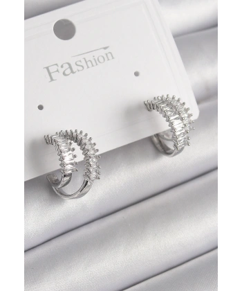 Pirinç Gümüş Renk 2Li Zirkon Taşlı Halka Model Kadın Küpe