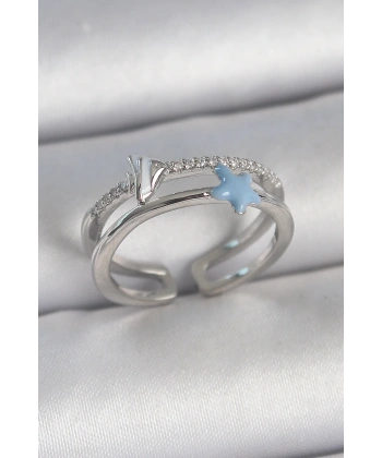 Pirinç Gümüş Renk 2Li Zirkon Taşlı Mavi Yıldız Figür Ayarlanabilir Kadın Yüzük