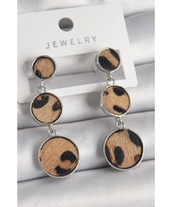 Pirinç Gümüş Renk 3Lü Daire Plaka Leopar Desenli Kadın Küpe