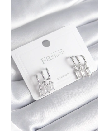 Pirinç Gümüş Renk 3lü Sallantı Zirkon Taşlı Küpe