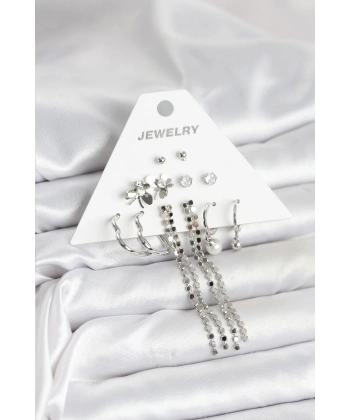 Pirinç Gümüş Renk 6 Çift Kadın Küpe