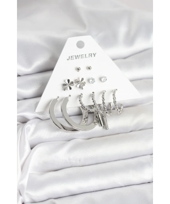 Pirinç Gümüş Renk 6 Çift Kadın Küpe Seti