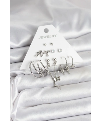 Pirinç Gümüş Renk 6lı Kadın Küpe Seti