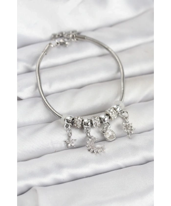 Pirinç Gümüş Renk Ay Charm Model Charmlı Kadın Bileklik