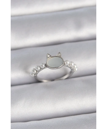 Pirinç Gümüş Renk Ayarlanabilir Beyaz Mineli Kedi Model İnci Detay Kadın Yüzük