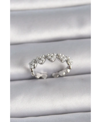 Pirinç Gümüş Renk Ayarlanabilir İncili Kalp Model Kadın Yüzük