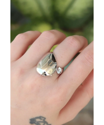 Pirinç Gümüş Renk Ayarlanabilir İri Bombeli Yüzük