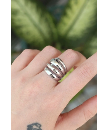 Pirinç Gümüş Renk Ayarlanabilir Tırtıklı Bombe Yüzük