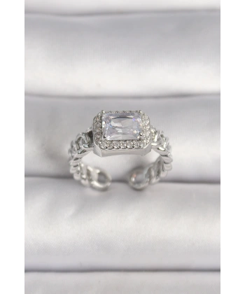 Pirinç Gümüş Renk Ayarlanabilir Zincir Kare Zirkon Taşlı Kadın Yüzük