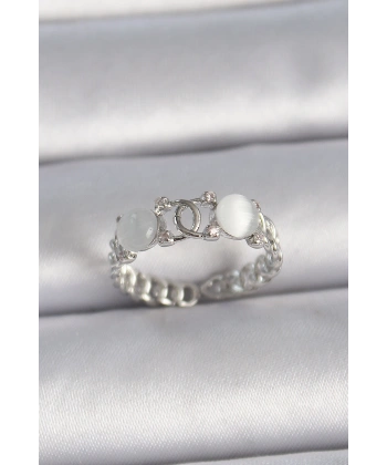 Pirinç Gümüş Renk Ayarlanabilir Zirkon Taşlı Beyaz Mineli Birleşik Halka Model Kadın Yüzük