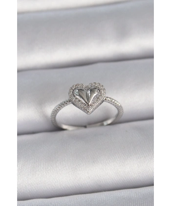 Pirinç Gümüş Renk Ayarlanabilir Zirkon Taşlı Kalp Model Kadın Yüzük