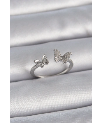 Pirinç Gümüş Renk Ayarlanabilir Zirkon Taşlı Kelebek Model Kadın Yüzük