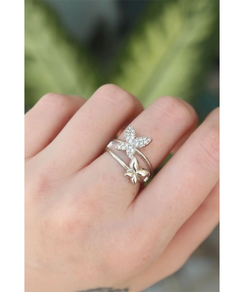 Pirinç Gümüş Renk Ayarlanabilir Zirkon Taşlı Kelebek Yüzük