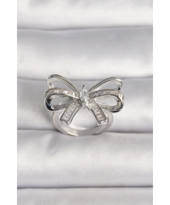 Pirinç Gümüş Renk Ayarlanabilir Zirkon Taşlı Kurdele Model Kadın Yüzük