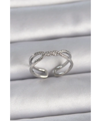 Pirinç Gümüş Renk Ayarlanabilir Zirkon Taşlı Sarmal Model Kadın Yüzük