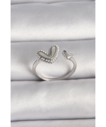 Pirinç Gümüş Renk Beyaz Mineli İnci Detaylı Kalp Model Ayarlanabilir Yüzük